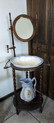 Antique Oak Barley Twist Wash Stand with Pitcher and Basin