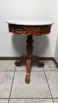 Stone Top and Hand Carved Base Parlor Table