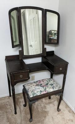 Antique Vanity with Stool and Mirror