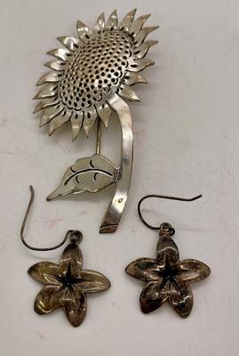 Sterling Silver Sunflower Brooch Pin and Flower Earrings