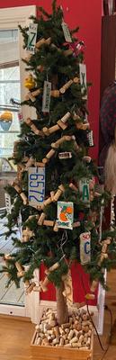 Folk Art Christmas Tree with Cork Garland and Recycled License Plate Ornaments