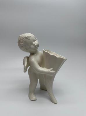 White Ceramic Cherub Angel Vase Figurine Holding Cornucopia open Horn Vintage