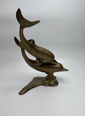 Brass Swimming Dolphins Statue