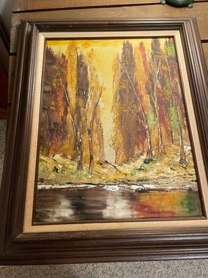 Framed Autumnal Forest Oil on Canvas, Signed Janelle Watson.
