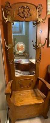 Antique Tiger Oak Hall Tree with Mirror