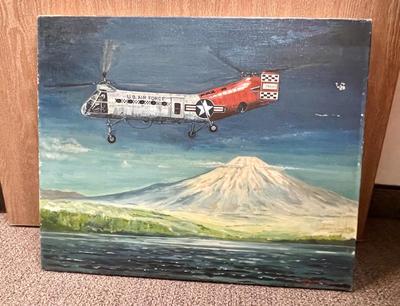 Vintage Military Art Oil on Canvas Painting by J. Ogawa H-21 Helicopter