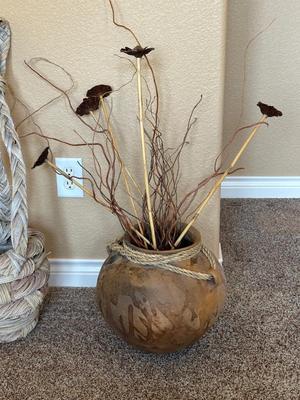 CLAY POT WITH FAUX FOLIAGE AND UNIQUELY WEAVED BASKET