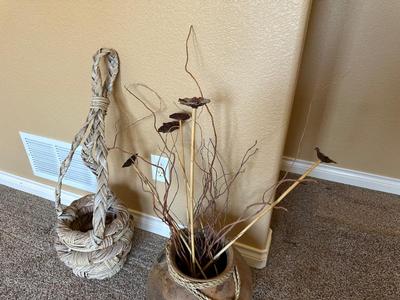 CLAY POT WITH FAUX FOLIAGE AND UNIQUELY WEAVED BASKET