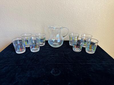 8 MURANO STYLE MUTLI-COLOR GLASSES AND A PITCHER
