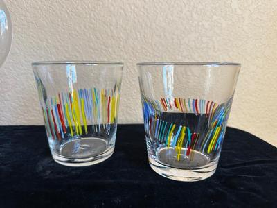 8 MURANO STYLE MUTLI-COLOR GLASSES AND A PITCHER