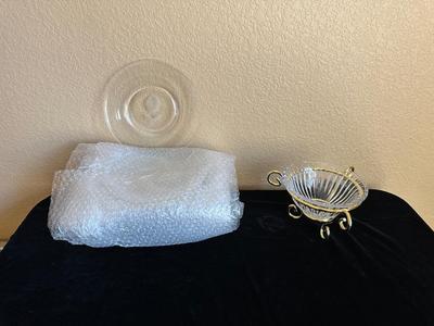 12 GLASS ROSE ETCHED LUNCH PLATES AND A BOWL IN A FRAME