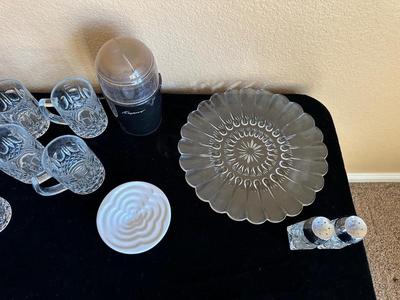 CAPRESSO COFFEE GRINDER, 7 GLASS MUGS, GLASS SALT & PEPPER SHAKERS AND MORE