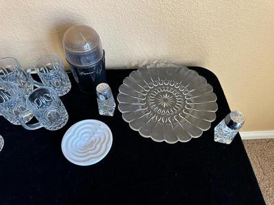 CAPRESSO COFFEE GRINDER, 7 GLASS MUGS, GLASS SALT & PEPPER SHAKERS AND MORE