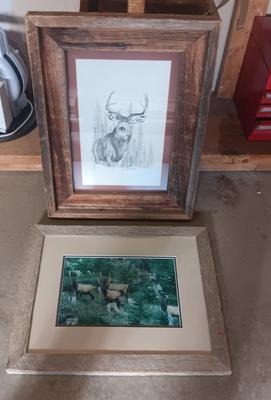 A PHOTO AND SKETCH OF ELK IN BARN WOOD FRAMES