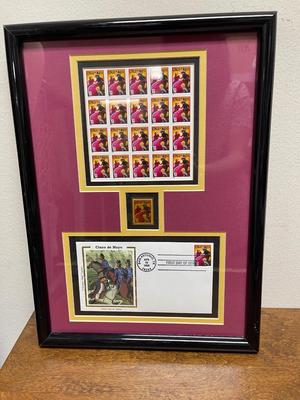 USA postage stamps Cinco de MAYO 32 cent stamp display framed stamps, pin, and cancelled stamp