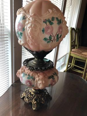 Antique Electrified Gone with the Wind Lamp with Lions and Rose Motif