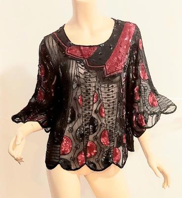 Vtg 80s Embellished Silk Chiffon Large Tunic