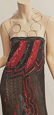 Vtg 80s Heavy Embellished strapless dress Necklace Neckline in Gold