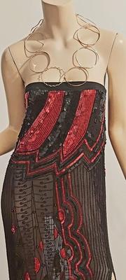 Vtg 80s Heavy Embellished strapless dress Necklace Neckline in Gold