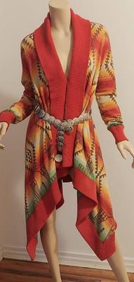 Vtg 80s Ralph Lauren Aztec Shawl Coat Conch Belt