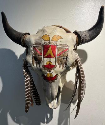 Vintage Hand Painted Skull Bison Buffalo Cow Southwest Native American Feathers
