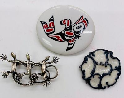 3 piece jewelry lot - Dancing Lizards Pin, Orca Whale Pin, and Stained Glass Looking Pin