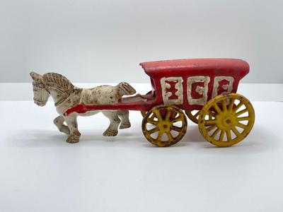 LOT 82: Vintage Cast Iron Horse and Wagons - Ice and Fresh Milk