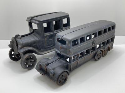 LOT 87: Vintage Cast Iron Double Decker Bus and Car