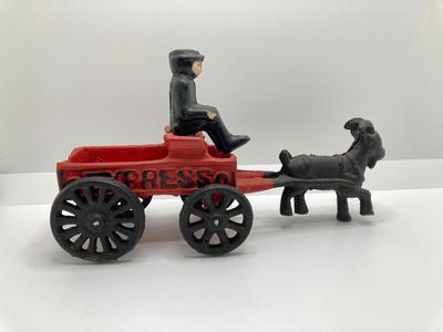 LOT 95: Cast Iron Horse Drawn Carriage and Goat Drawn Express Wagon