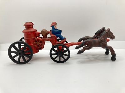 LOT 97: Cast Iron Horse Drawn Fire Engine Wagon