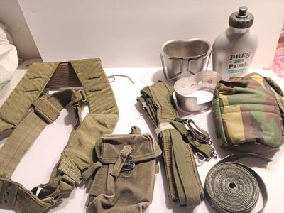 Large assortment of Military canvas bags and canteen with shoulder straps