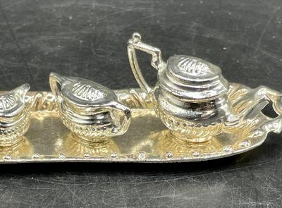 Miniature Serving Tray and Tea Set, large dollhouse size heavy pieces