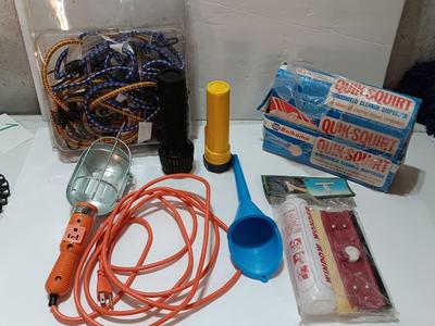 Automotive needs - Electric work light - bungee cords - funnel - Windshield cleaning tool and more