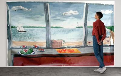 106 Large Hand Painted Nautical Mural Scene on Vinyl 142" x 86"