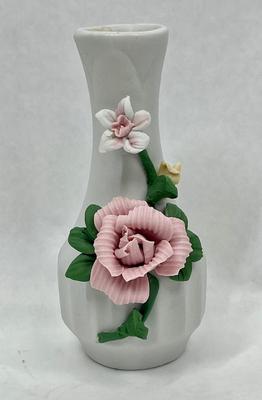 Porcelain Floral Bud Vase with Pink Rose Motif