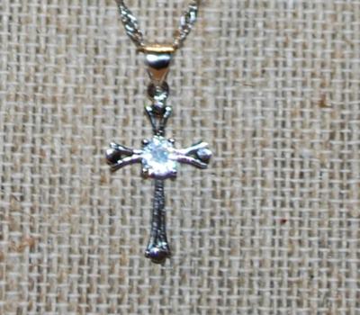 Small Silver Tone Celtic Cross PENDANT (1" x ½") with Round Solitaire Clear Stone on a .925 Silver Necklace Chain 16" L
