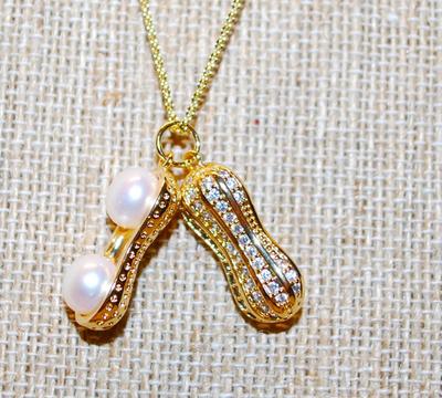 Unique "Peanut & Pearls" Necklace (19" L ) with 2 Large Pearls and Glittery Stones Cover (¾")