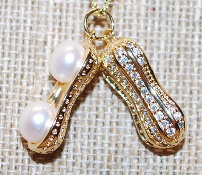 Unique "Peanut & Pearls" Necklace (19" L ) with 2 Large Pearls and Glittery Stones Cover (¾")