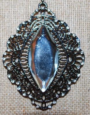 Diamond Shape Clear Acrylic PENDANT (3" x 2") on Black Designed Clear Stones Perimeter-NOTE the Unique UPPER CHAIN ACCENTS...