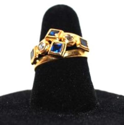 Size: 6 Italian Square Blue Stones and Round Clear Stones Zirconia on Yellow Gold Band (2.0g)