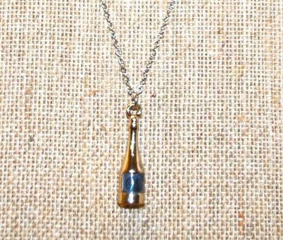 Gold Champagne Bottle PENDANT (1") with Onyx Style Inlay on Silver Tone Necklace Chain 20" L