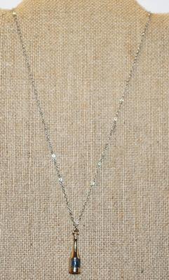 Gold Champagne Bottle PENDANT (1") with Onyx Style Inlay on Silver Tone Necklace Chain 20" L