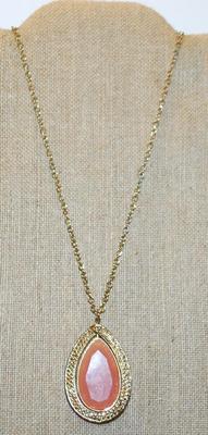 Large Showy Pink Pear Shaped PENDANT (2¼" x 1½") & Double Rows Clear Stone Accents on a Necklace Chain 30" L