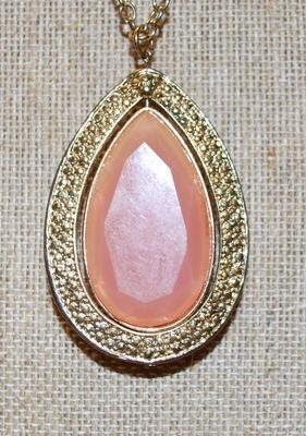 Large Showy Pink Pear Shaped PENDANT (2¼" x 1½") & Double Rows Clear Stone Accents on a Necklace Chain 30" L