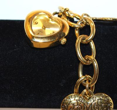 ALL HEARTS Bracelet with Locket, Clock and Gold Tone Hearts 7 