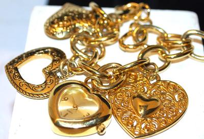 ALL HEARTS Bracelet with Locket, Clock and Gold Tone Hearts 7 " L