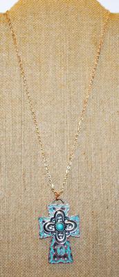Turquoise Styled Hammered Cross PENDANT (2¼" x 1½") on a Rose Gold Necklace Chain 19" L