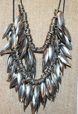 Ostentatious Double Row "Metal Leaves & Ringlets" Necklace on a Black Rope Necklace Chain 14" L