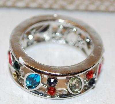 Size 6¾ Multi-Shaped Very Colorful Varieties of Stones Ring on a Silver Tone Solid Band (6.1g)