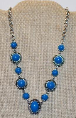 Eleven Ocean Blue Disc Stones Necklace on Silver Tone Chain 17